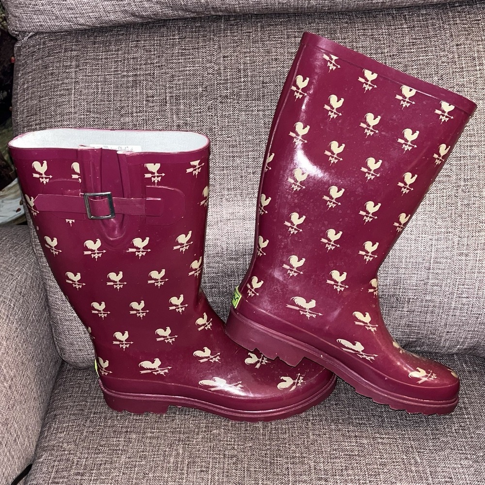 Western Chief Rain Mud Boots Women's Burgundy Rooster Print Weather Vein Sz 9